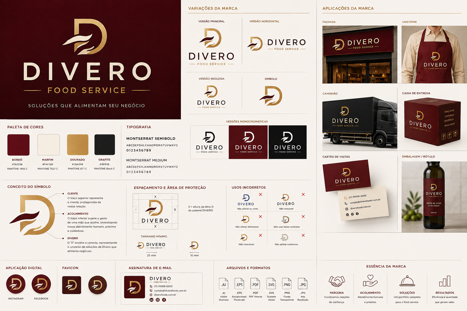 Prancha de identidade visual da Divero Food Service: logotipo, paleta bordô, marfim, dourado e grafite, e tipografia Montserrat
